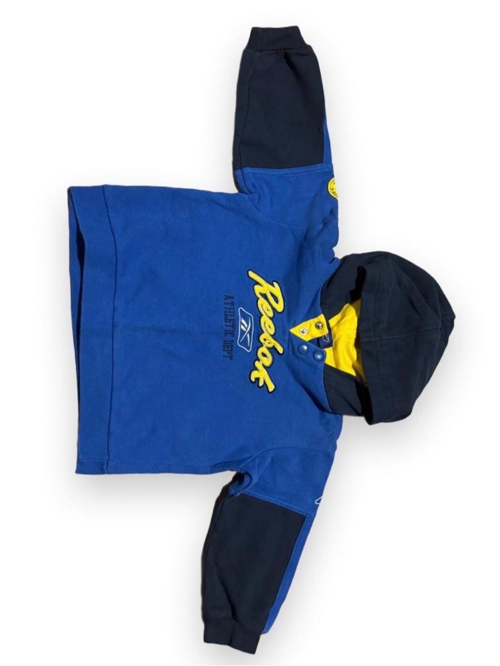 Vintage Reebok Blue Hooded Pullover with Navy Sleeves and Yellow Accents